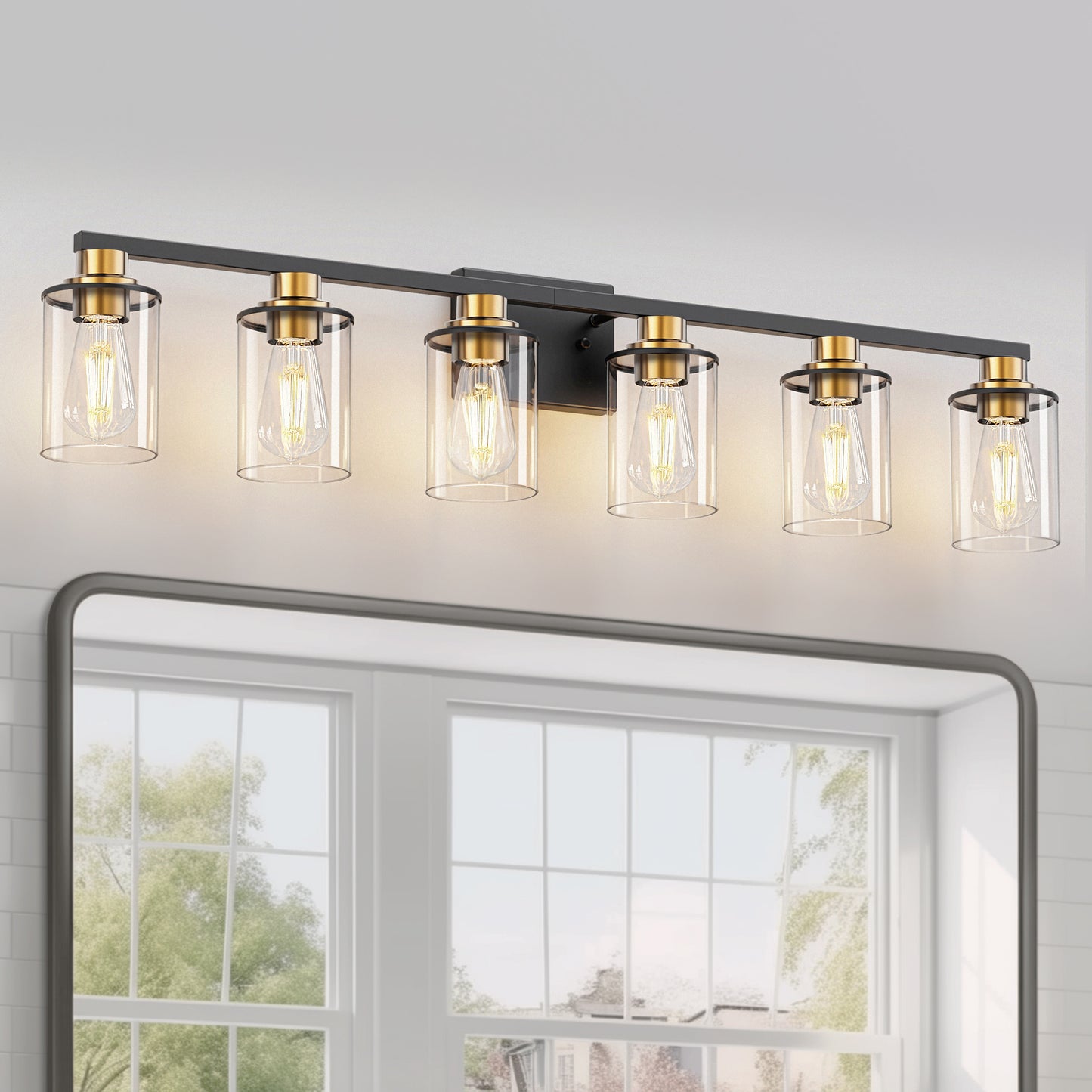 YANSUN 6 Light Black and Gold Vanity Light with Clear Tube Glass Shades for Large Bathroom Mirror E26 Base