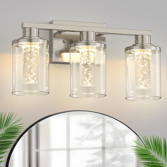 YANSUN 17 in. 3-Light Brushed Nickel LED Bathroom Vanity Light 5CCT Dimmable Fixture with Clear Glass Shades and Crystal Bulbs