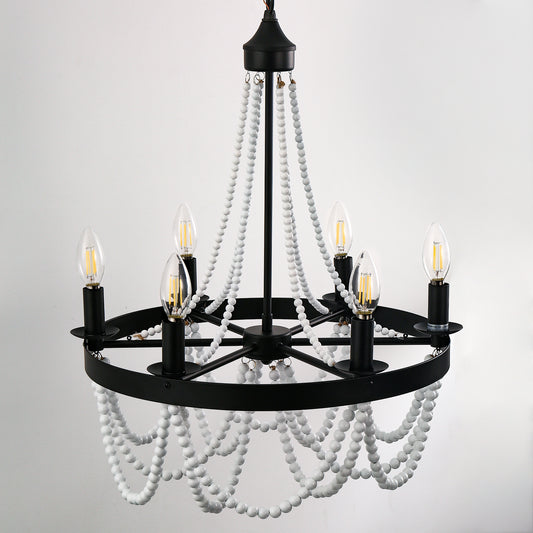 YANSUN 6-Light Matte Black Branch Wagon Wheel Chandelier with White Wooden Beads,E12 Base,Boho Modern Pendant Light for Kitchen
