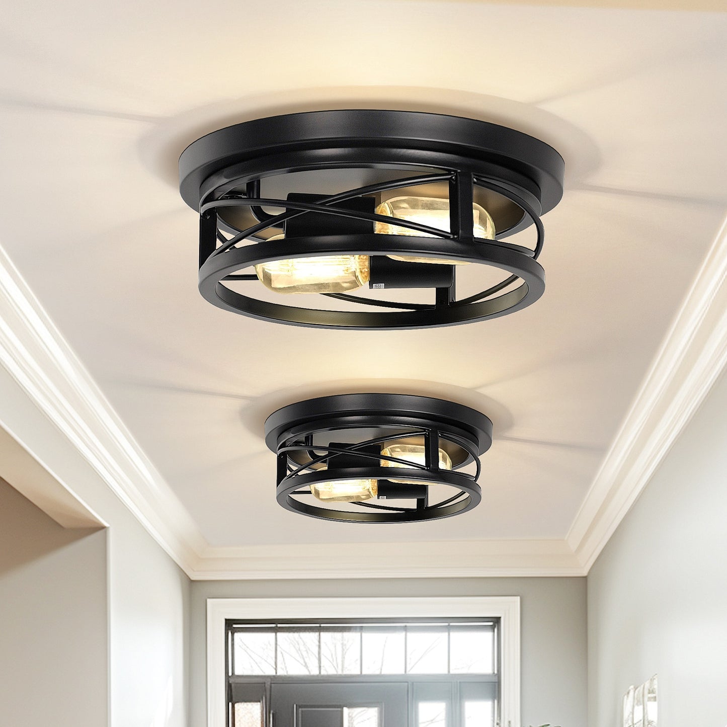 YANSUN 10.6 in. 2-Light Black Farmhouse Flush Mount with Drum Metal Cage Shade for Entryway Bedroom(2-Pack)