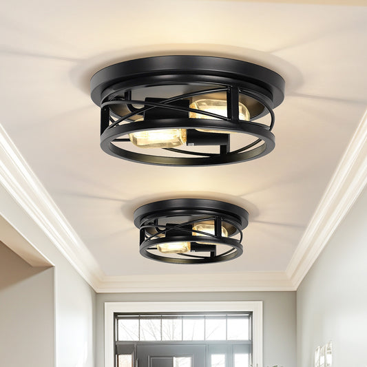 YANSUN 10.6 in. 2-Light Black Farmhouse Flush Mount with Drum Metal Cage Shade for Entryway Bedroom(2-Pack)