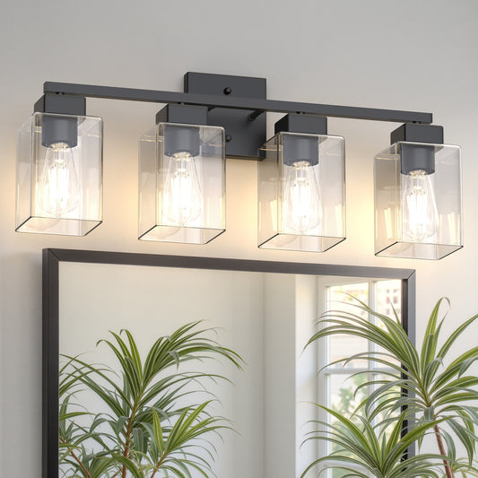 YANSUN 4-Head Vanity Light, Non-Integrated Light Source, No Bulbs Included, Matte Black Finish, Square Glass Shades