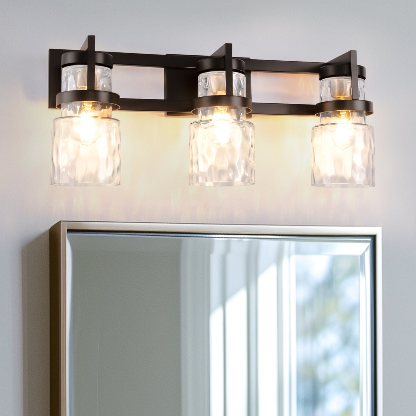 YANSUN 23 in. 3-Light Black and Gold Industrial Cylinder Vanity Light for Bathroom Mirror with Water Glass Shades