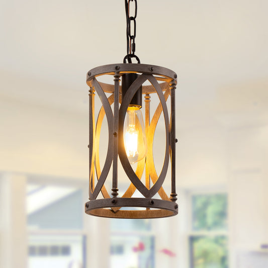 YANSUN 1-Light Farmhouse Wood and Gold Pendant Light, Metal Cage Hanging Lighting Fixture for Kitchen Island, Hallway,Bedroom