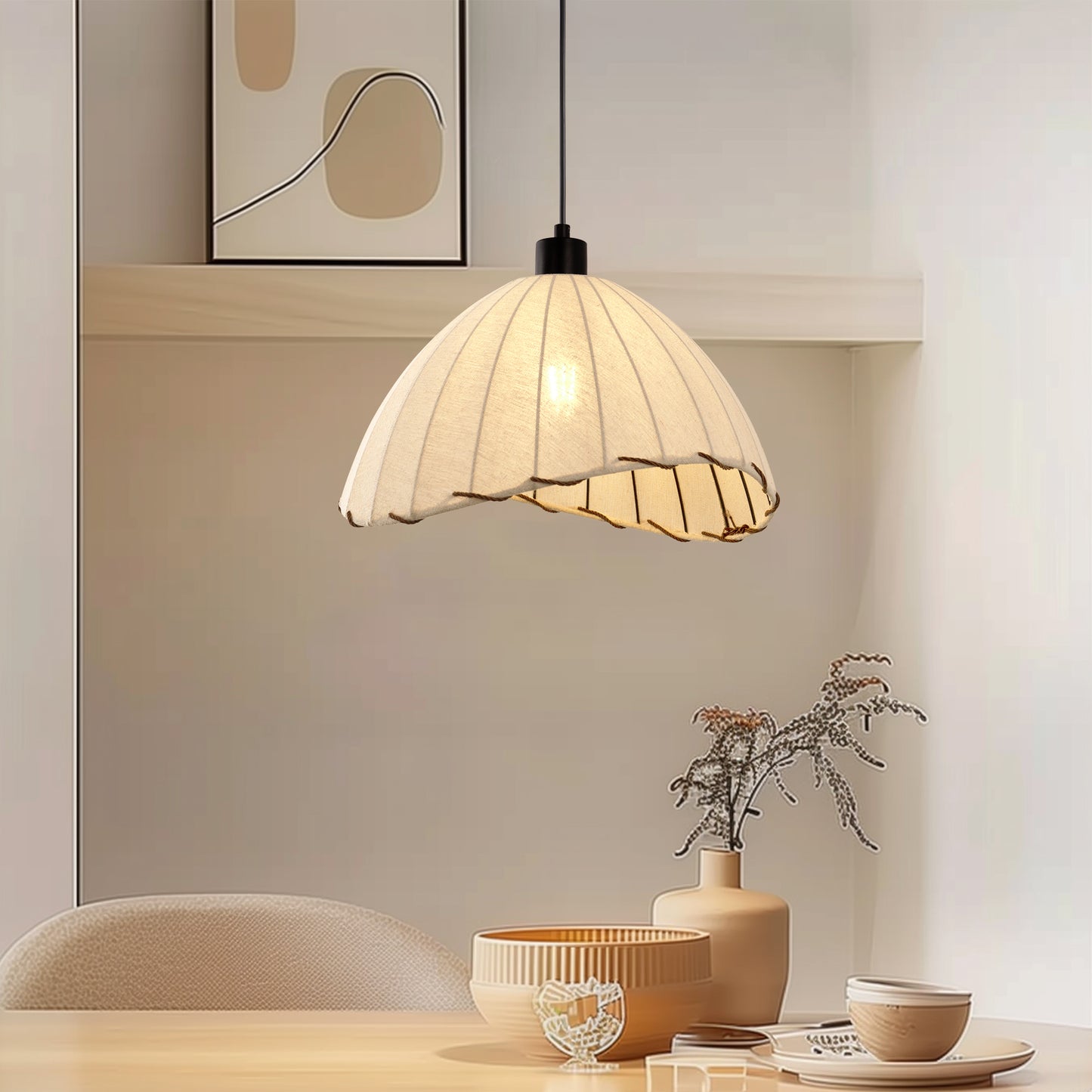 YANSUN 1-Light BOHO Black and White Umbrella Rattan Pendant Light, Hanging Lamp for Dining Rooms, Bedrooms or Cafes (2-Pack)