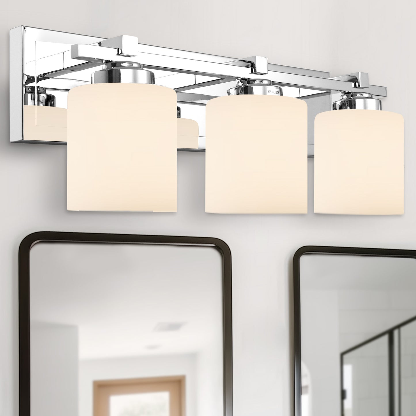 YANSUN 22 in. 3-Light Chrome Bathroom Vanity Light with Milk White Glass Shades for Mirror