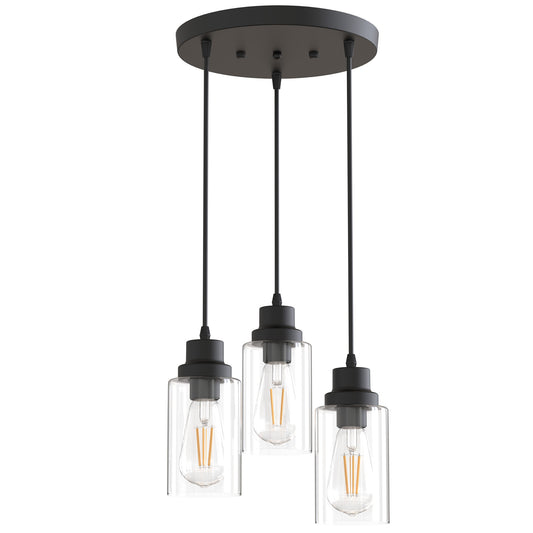 YANSUN 3-Light Black Chandelier Industrial Pendant Light Fixture with Clear Glass Shades for Kitchen and Dining Areas
