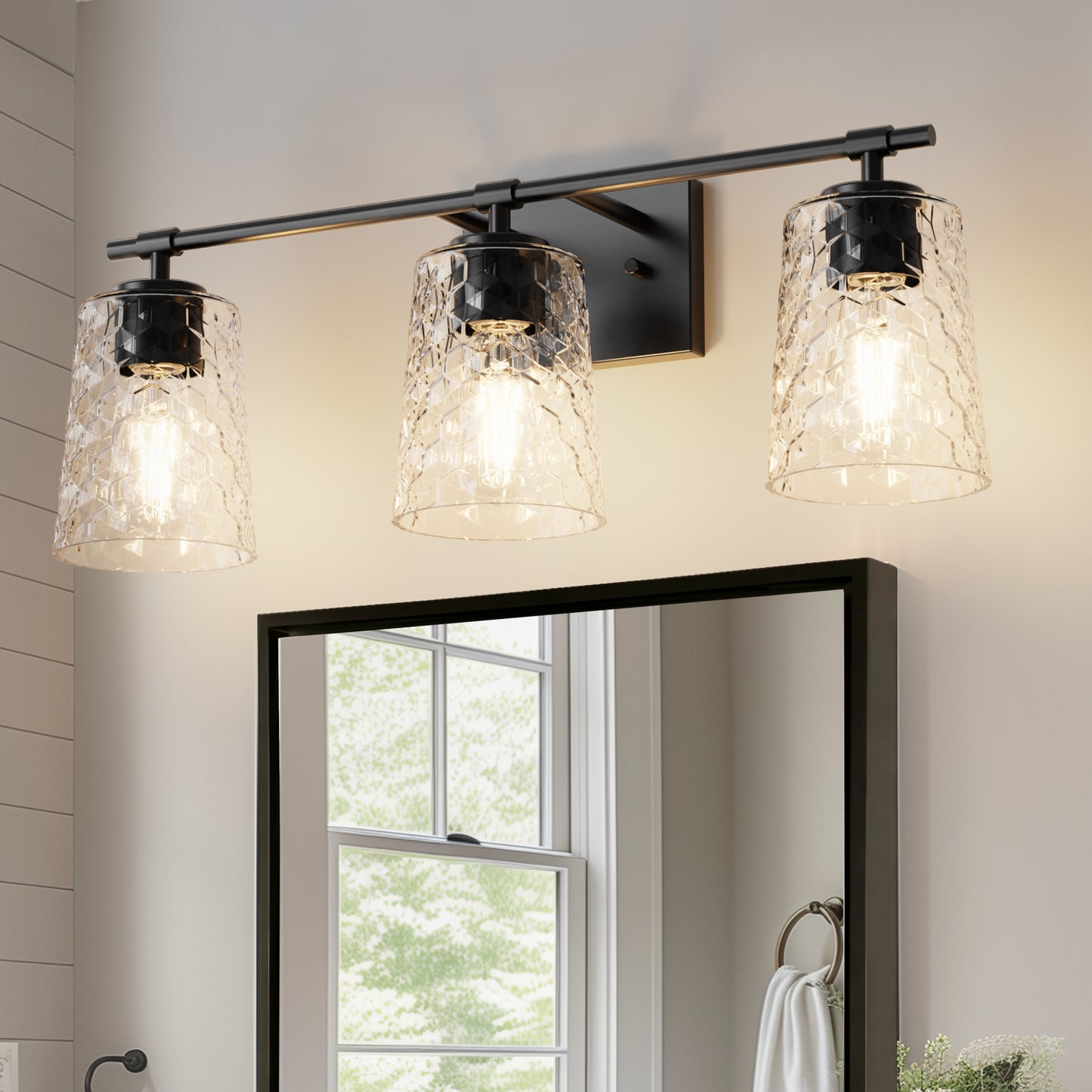 YANSUN 24 in. 3-Light Black Vanity Light withCone Glass Shades for Bathroom, Mirror, Hallway