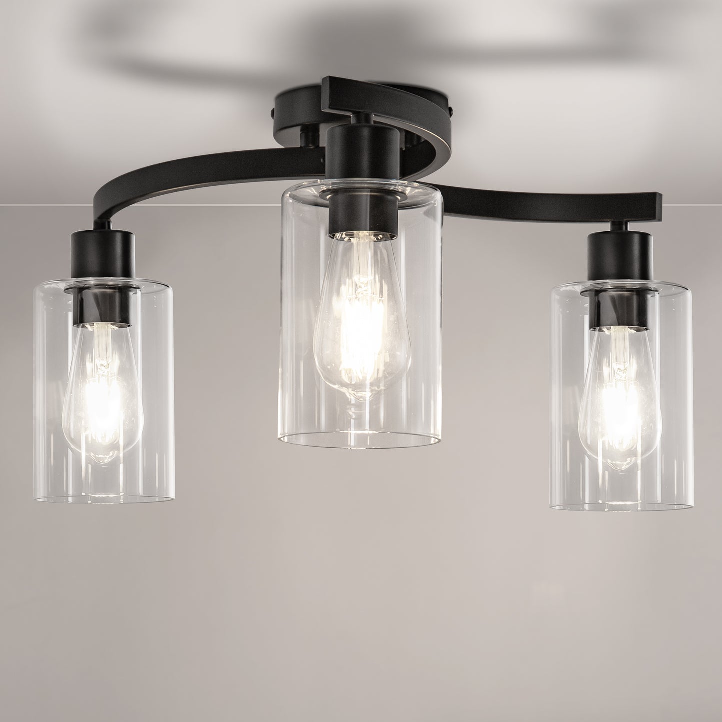 YANSUN 11.8 in. 3-Light Semi-Flush Mount Ceiling Light, Matte Black Bedroom Light Fixtures with Clear Glass Shades