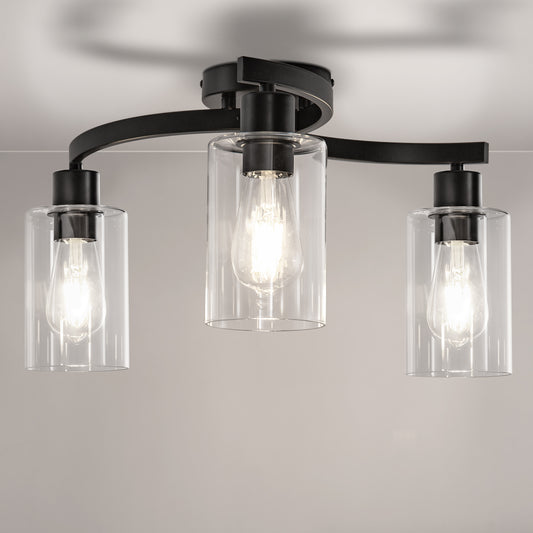YANSUN 11.8 in. 3-Light Semi-Flush Mount Ceiling Light, Matte Black Bedroom Light Fixtures with Clear Glass Shades