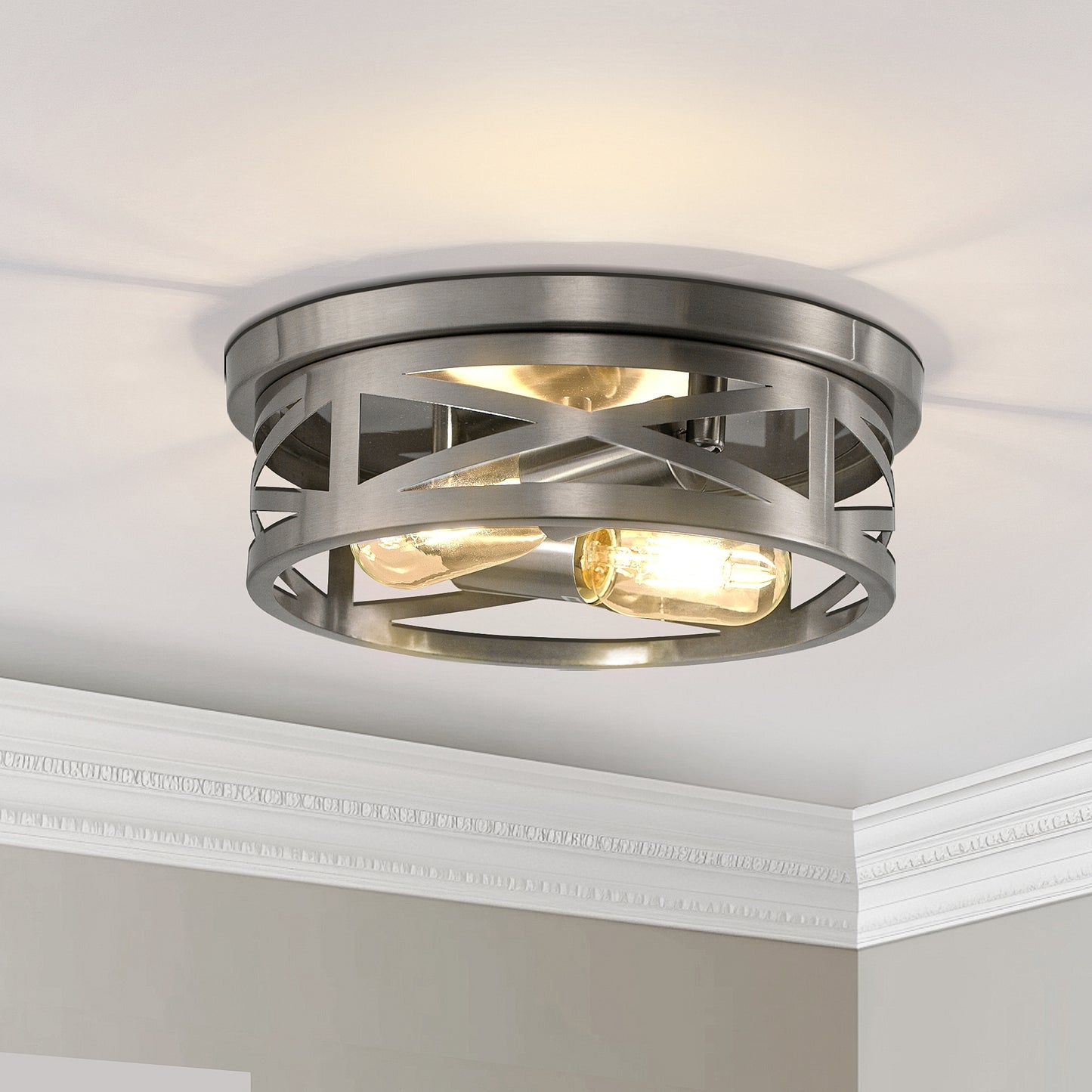 YANSUN 11 in. 2-Light Nickel Farmhouse Flush Mount with Drum Metal Cage Shade for Entryway Bedroom