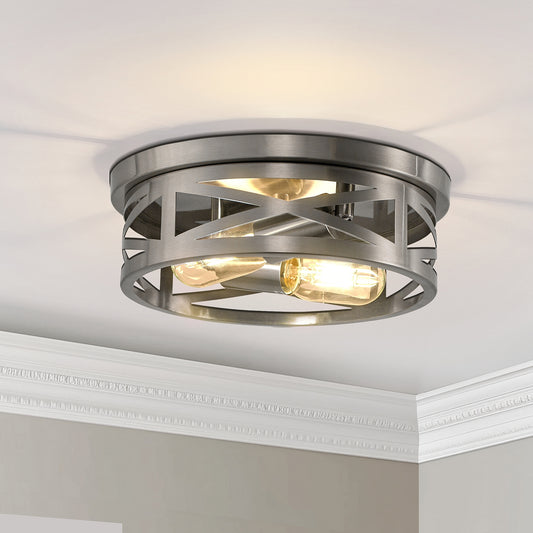 YANSUN 11 in. 2-Light Nickel Farmhouse Flush Mount with Drum Metal Cage Shade for Entryway Bedroom