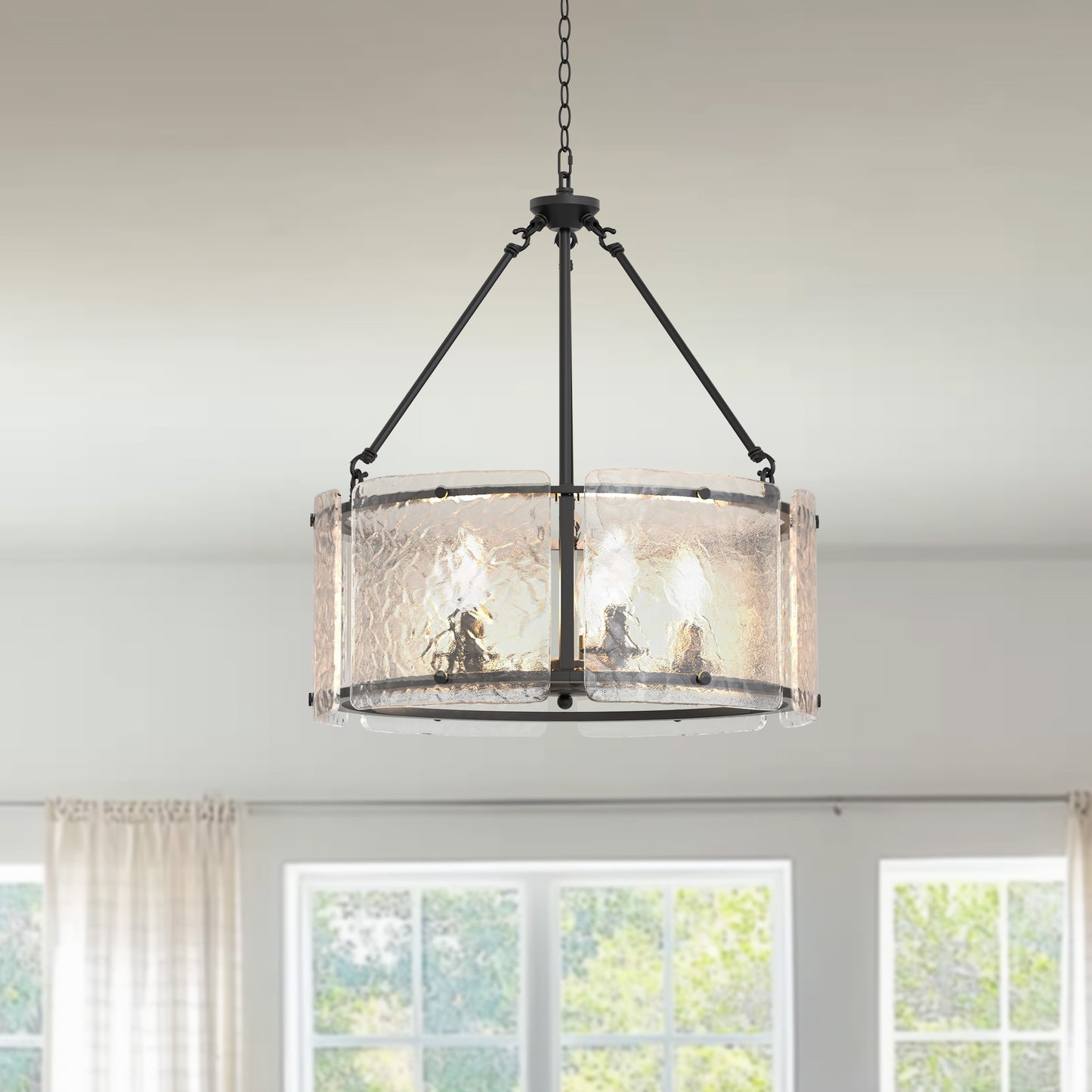 YANSUN 21 in. 5-Light Black Modern Glass Drum Chandeliers, Dining Room Light Pendant Light Fixtures Over Table
