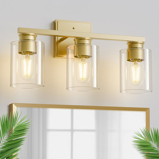YANSUN 18 in. 3-Light Gold Vanity Light with Clear Glass Shades for Bathroom