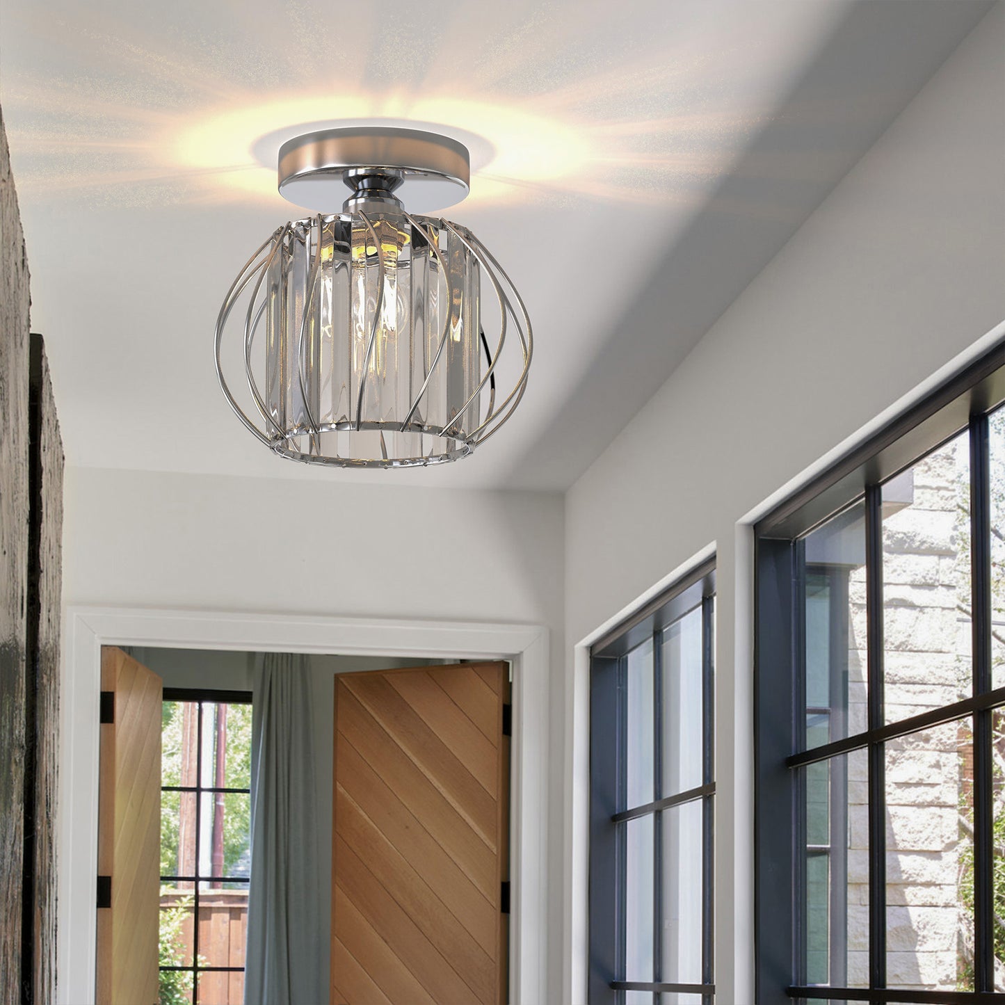 YANSUN 7 in. 1-Light Chrome Modern Crystal Semi Flush Mount Ceiling Light with Cage Design for Hallway, Entryway, or Bedroom