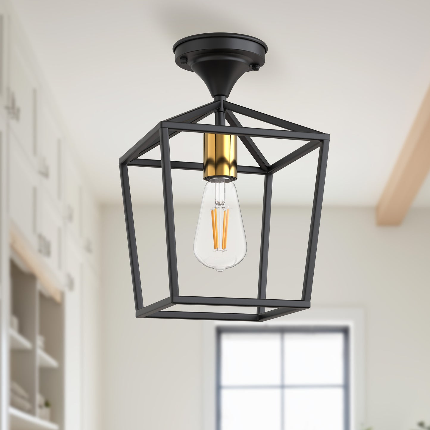 YANSUN 7 in. 1-Light Black and Gold Semi Flush Mount Ceiling Light, Farmhouse Drum Kitchen Lighting Fixtures with Glass Shade