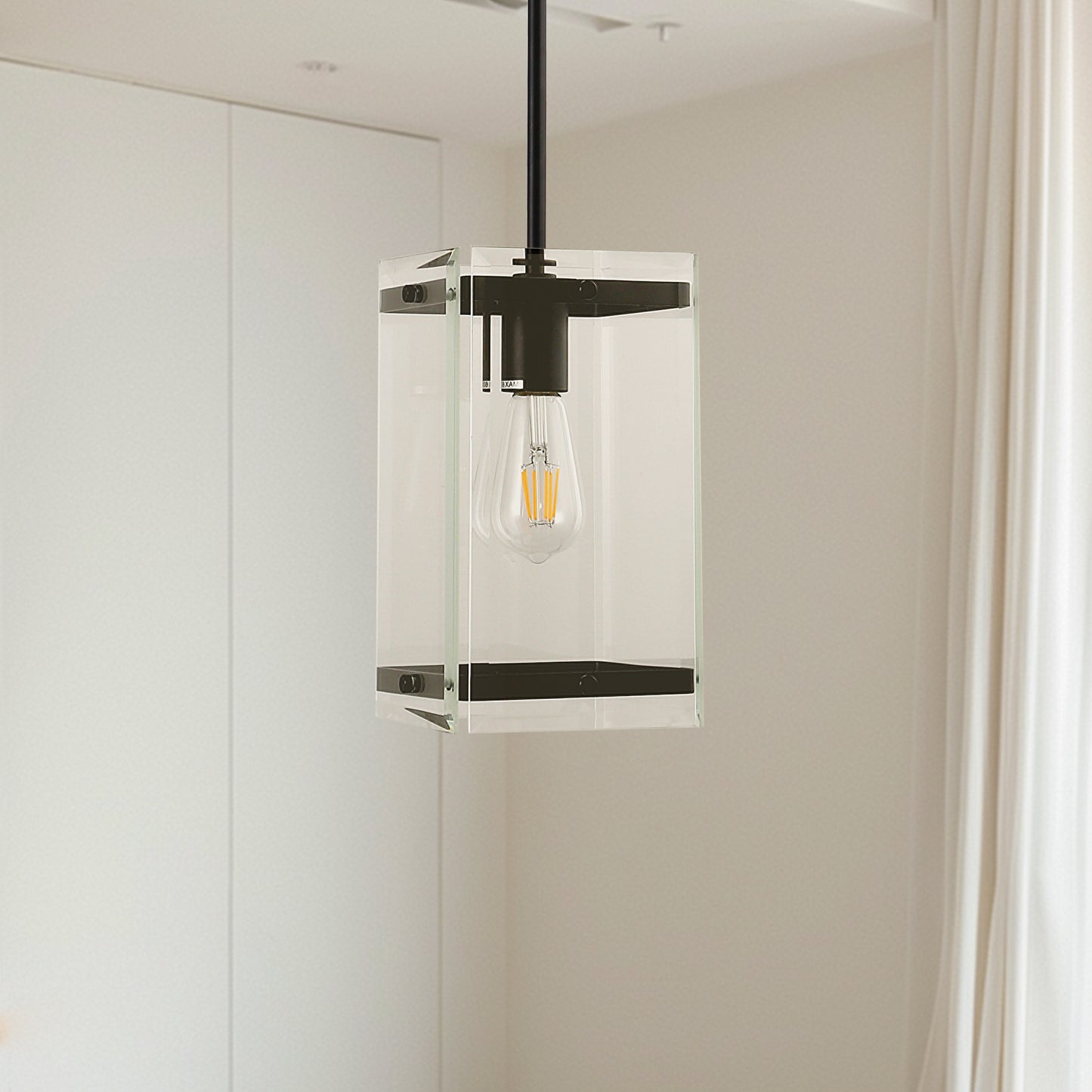 YANSUN 1-Light Black Pendant Hanging Light with Clear Glass Shade for Kitchen Island