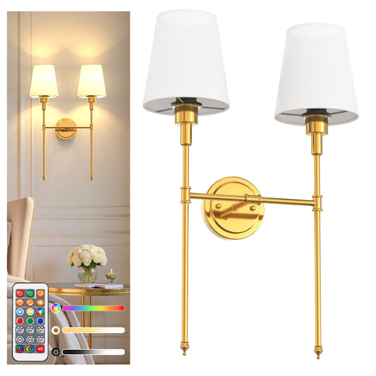 YANSUN 16 in. 2-Light Gold Indoor Wall Sconce, Dimmable Wall Light with White Shade for Living Room