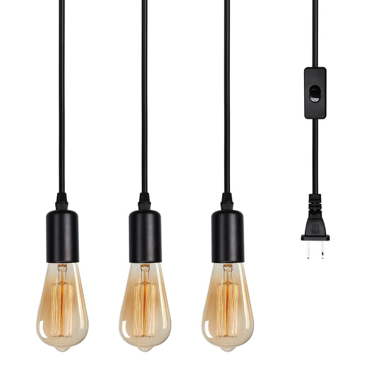 YANSUN 3-Light Black Plug-In Hanging Pendant with ON/OFF Switch, Industrial Hanging Lighting for Kitchen Island Dining Room Bar