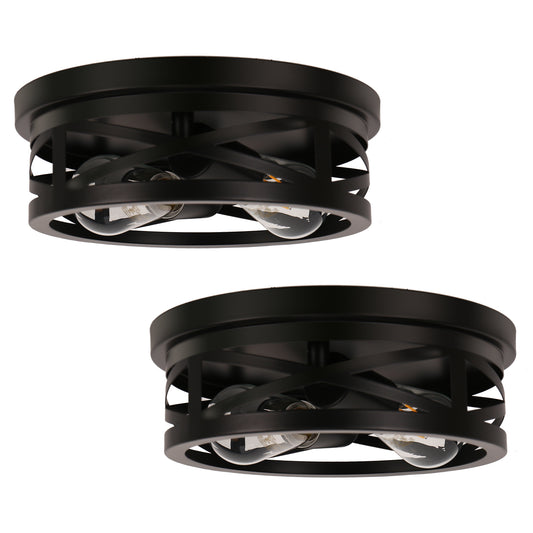 YANSUN 10.63 In. 2-Light Black Industrial Flush Mount Ceiling Light with E26 Bulb Base, Metal Frame (Light Bulbs Not Included) 2-Pack