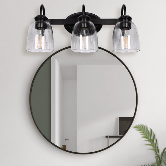 YANSUN 3-Light Matte Black Modern Bathroom Vanity Light with Seed Glass Shade