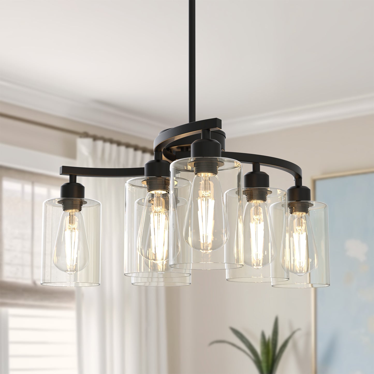 YANSUN 22 in. 6-Light Black Chandelier Adjustable Industrial Pendant Light with Clear Glass for Dining Room Kitchen