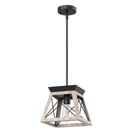 YANSUN 1-Head Pendant Light, Vintage Industrial Style, Non-Integrated Light Source, No Bulbs Included, Light Wood Grain Finish, Iron Rod Suspension
