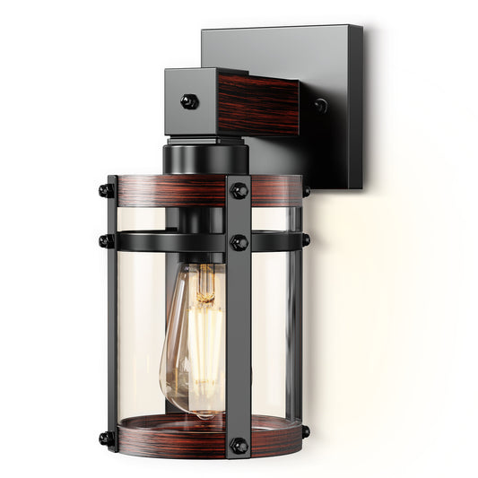 YANSUN 1-Light Black Cylinder Wood Grain Glass Wall Sconce Farmhouse Industrial Rustic Wall Light for Foyer Hallway Living Room