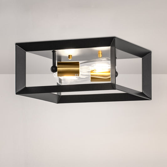 YANSUN 11.41 in. 2-Light Black and Gold Farmhouse Caged Square Flush Mount Industrial Vintage Ceiling Lighting