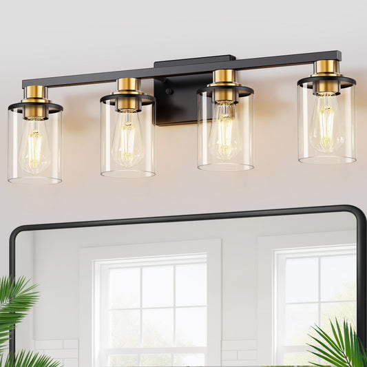 YANSUN 28 in. 4-Light Black and Gold Bathroom Vanity Light with Clear Glass Shades for Over Mirror