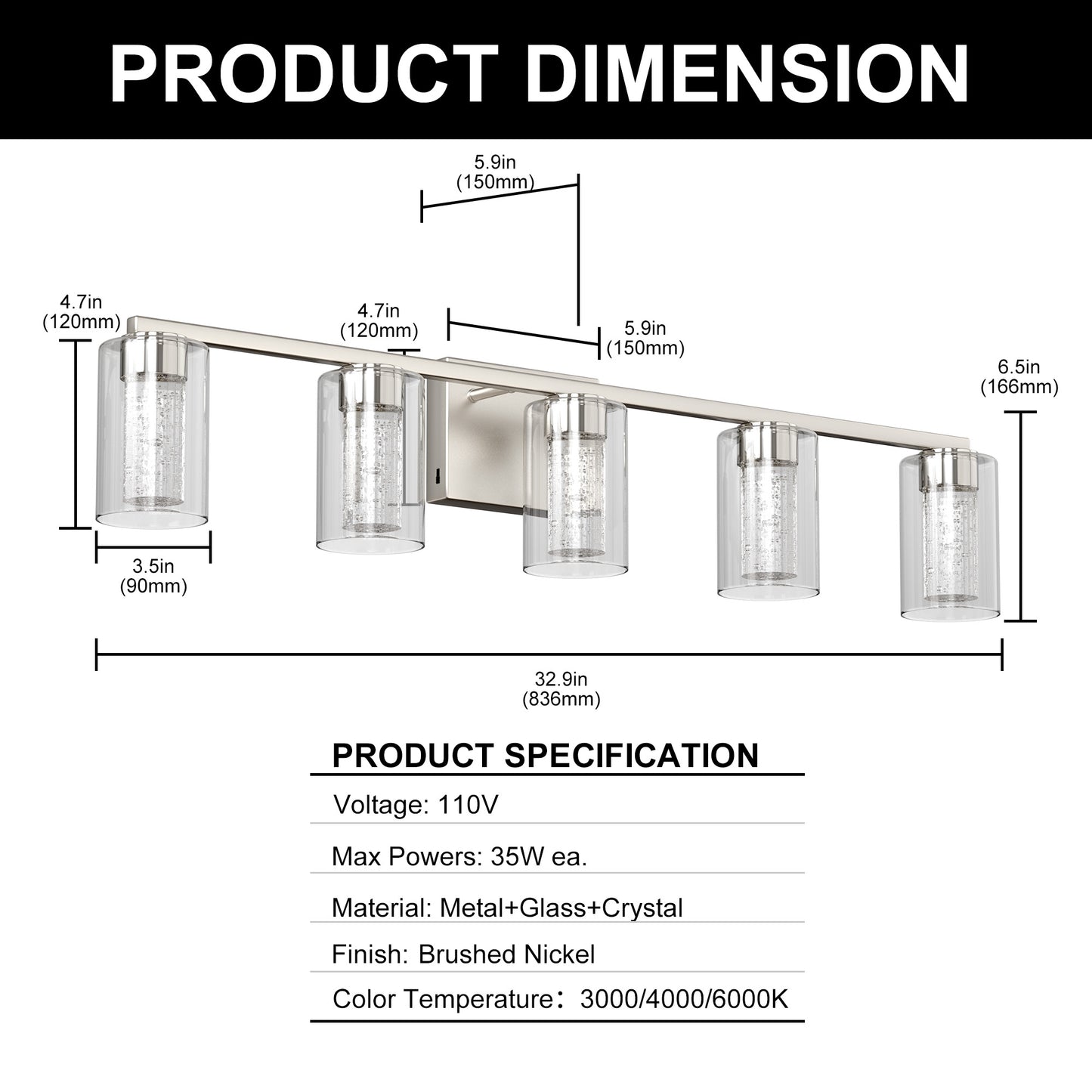 33 in. 35-Watt 5-Light Brushed Nickel Crystal LED Integrated Vanity Light for Bathroom, 3000/4000/6000K Adjustable