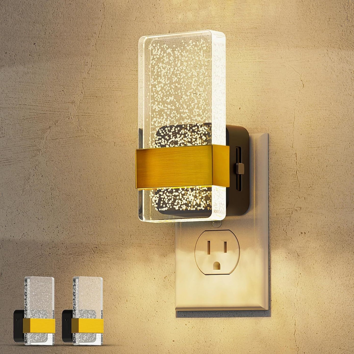 YANSUN 1W Plug-In Light Sensor Night Light with Slide Dimming and Warm 2700K LED, Acrylic Wall Sconce Look, 2-Pack