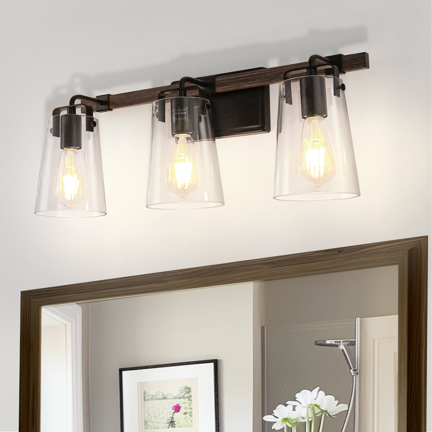 YANSUN 24 in. 3-Light Black and Faux Wood Vintage Farmhouse Vanity Light with Clear Glass Bell Shades for Bathroom