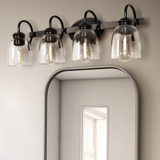 YANSUN 25.2 in. 4-Light Matte Black Modern Bathroom Vanity Light Mirror Wall Light with Black Accents and Seeded Glass Shade