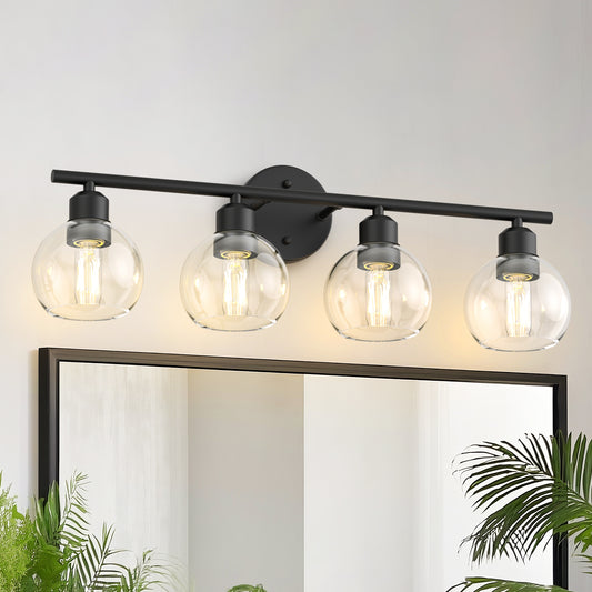 YANSUN 26 in.  4-Light Bathroom Vanity Light Fixtures Over Mirror, Black Bathroom Light Fixtures with Clear Globe Glass Shades