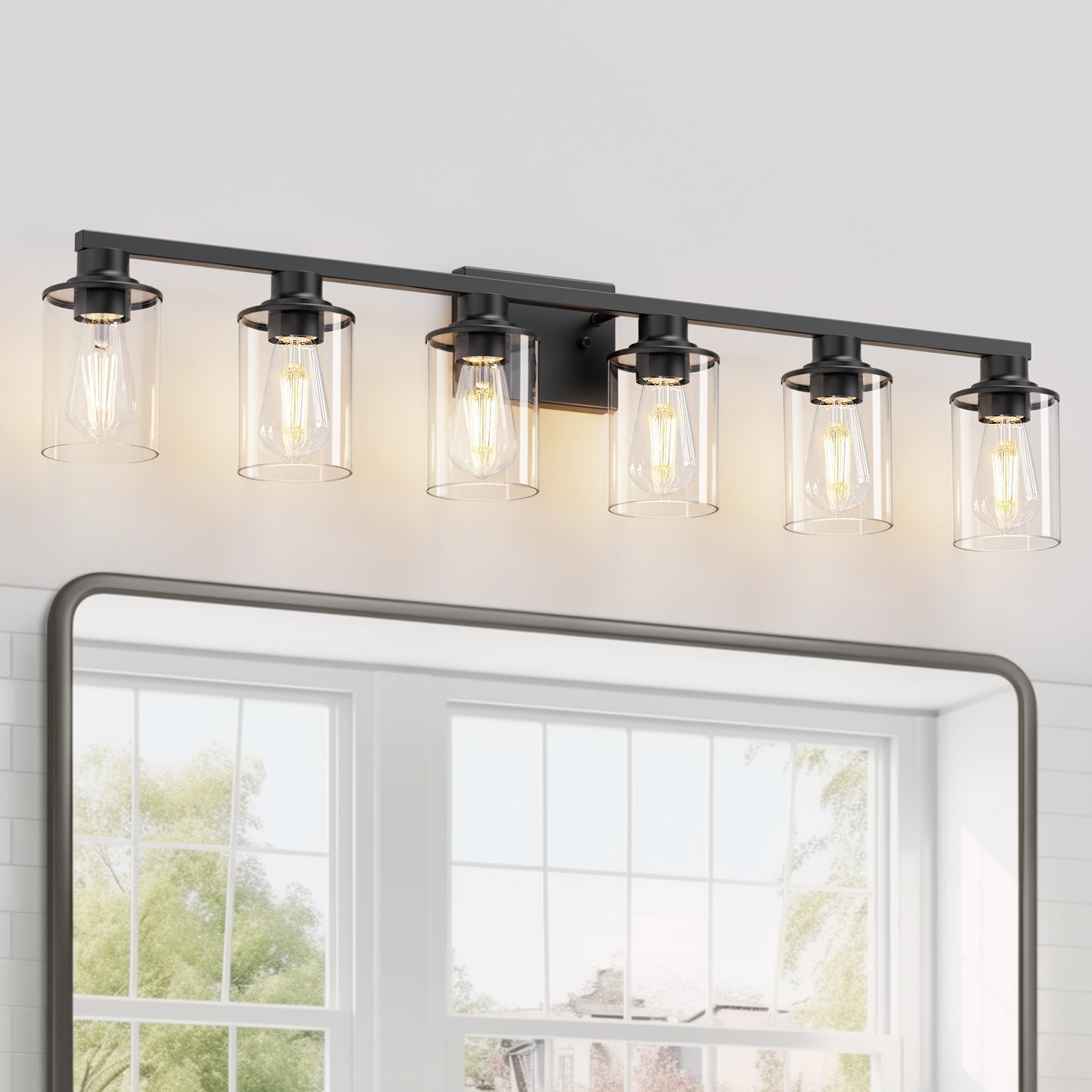 YANSUN 6 Light Matte Black Vanity Light with Clear Tube Glass Shades for Large Bathroom Mirror E26 Base