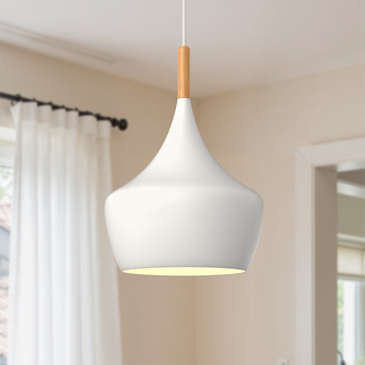 YANSUN 1-Light Industrial Farmhouse Hanging White Pendant Ceiling Light with Metal Dome Shade for Kitchen Island Dining Room
