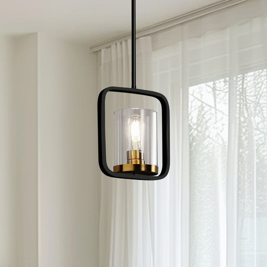 YANSUN 1-Light Black and Gold Kitchen Island Pendant Light with Clear Glass Shade for Dining Room