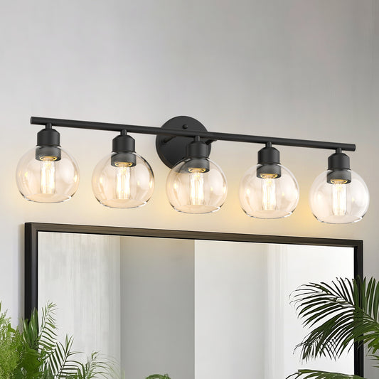 YANSUN 31 in.  5-Light Bathroom Vanity Light Fixtures Over Mirror, Black Bathroom Light Fixtures with Clear Globe Glass Shades