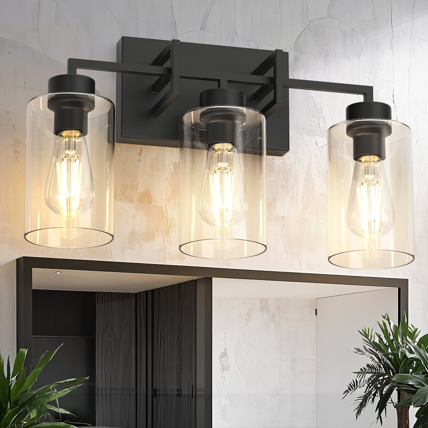 YANSUN 18 in.  3-Light Black Farmhouse Bathroom Vanity Light with Glass Shades