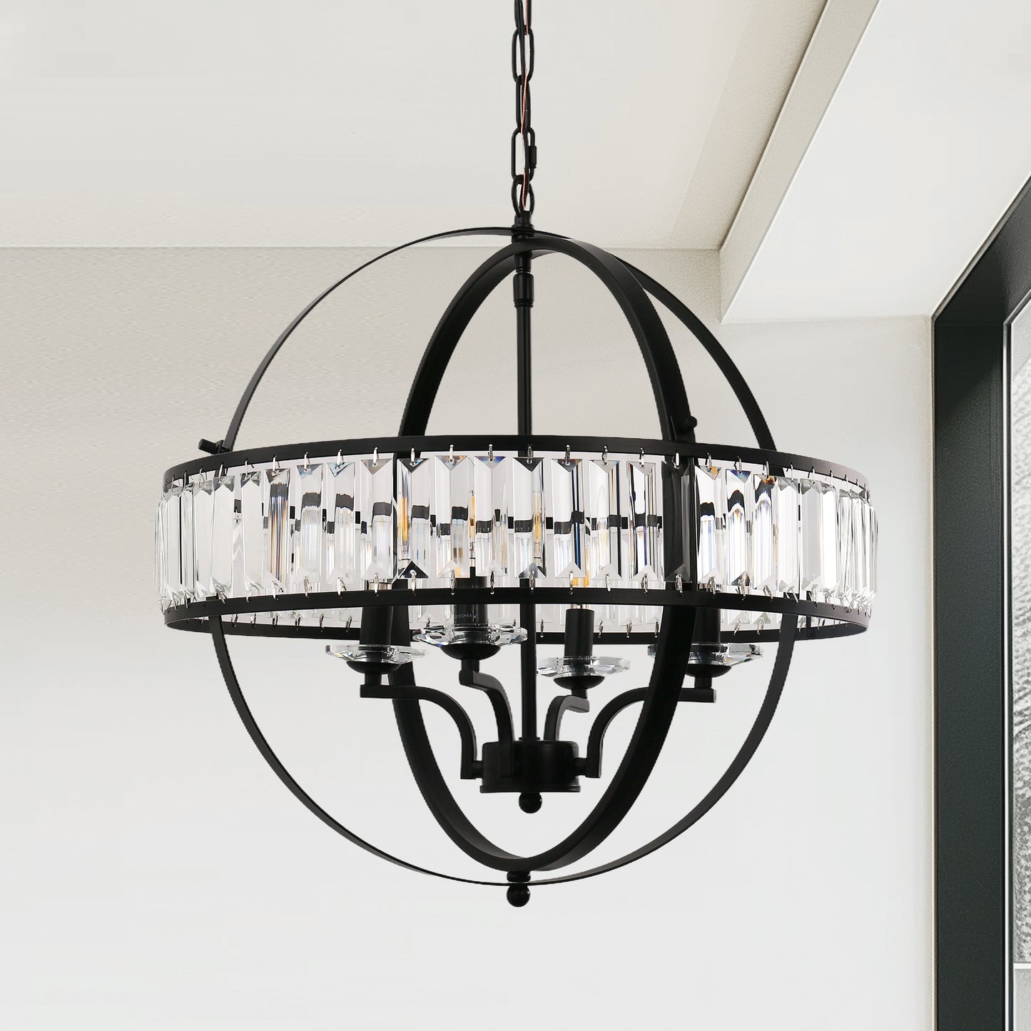 YANSUN 4-Light Matte Black Pendant Chandelier with Crystal Iron Frame for Dining Rooms Foyers