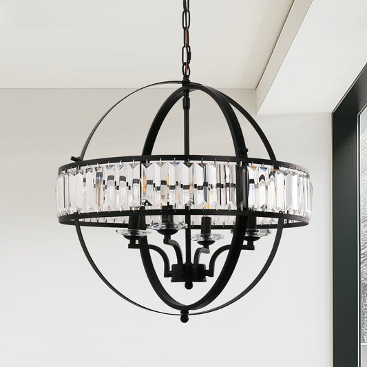 YANSUN 4-Light Matte Black Pendant Chandelier with Crystal Iron Frame for Dining Rooms Foyers
