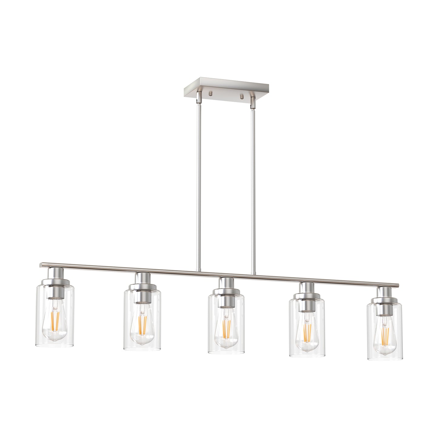 YANSUN 5-Light Brushed Nickel Island Pendant Light with Clear Glass Shades, Rod Hanging Design, E26 Base, Bulbs Not Included