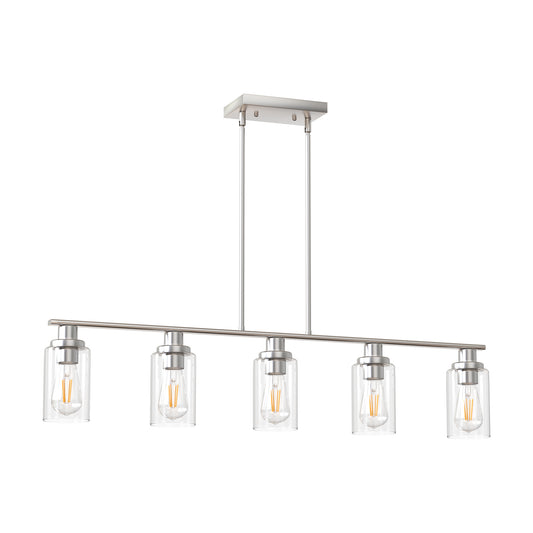 YANSUN 5-Light Brushed Nickel Island Pendant Light with Clear Glass Shades, Rod Hanging Design, E26 Base, Bulbs Not Included