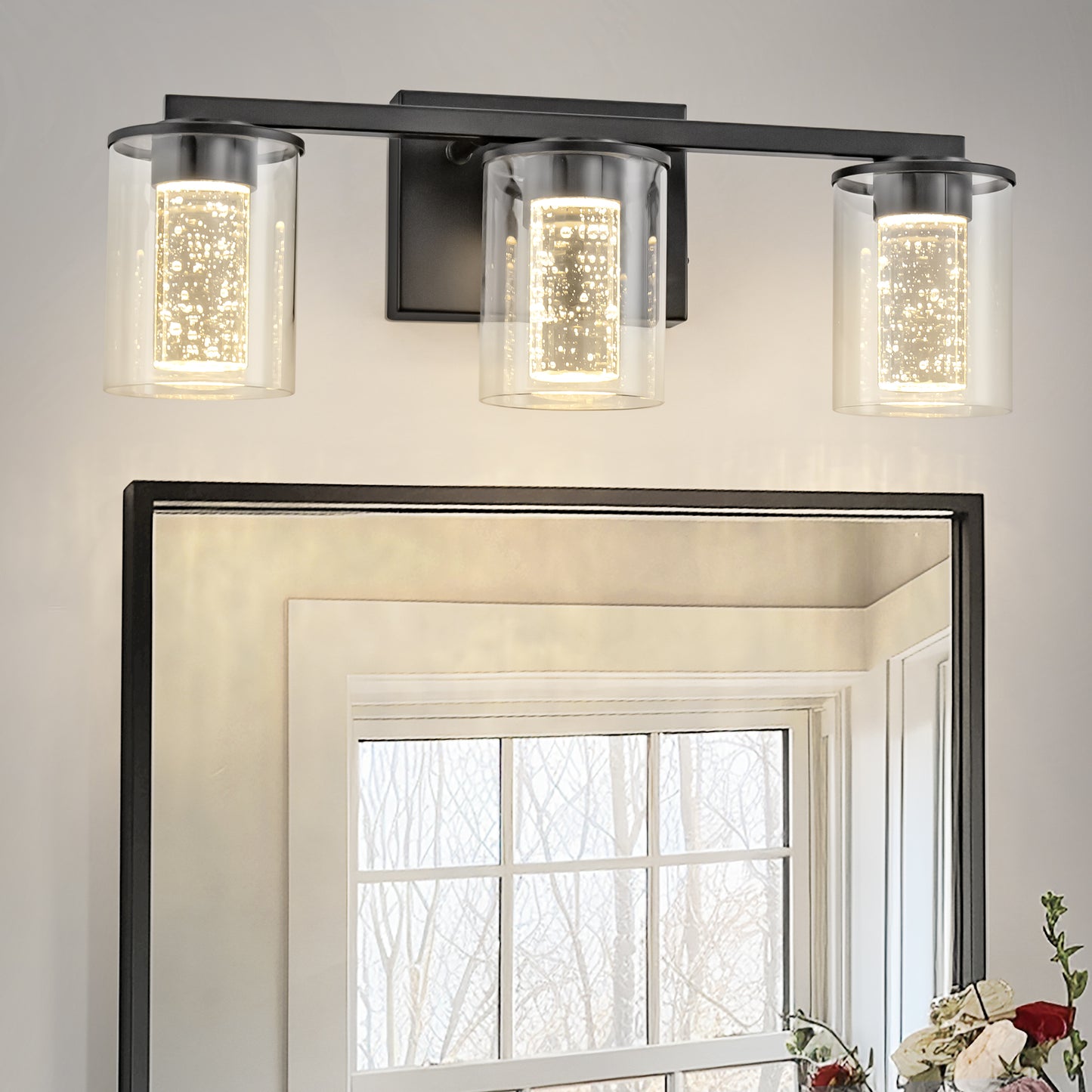 YANSUN 18 in. Modern 3-Light Black Crystal LED Vanity Light with Clear Glass Shades, Dimmable Lighting