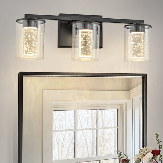 YANSUN 18 in. Modern 3-Light Black Crystal LED Vanity Light with Clear Glass Shades, Dimmable Lighting