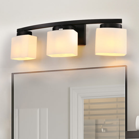 YANSUN 24 in. 3 Light Matte Black Vanity Light for Bathroom with Curved Arms and Milk White Shades