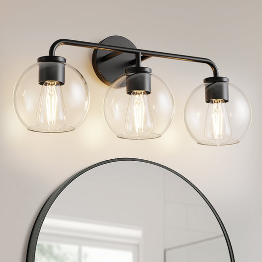 YANSUN 22.7 in. 3 Light Black Vanity Light with Clear Globe Shades Modern Round Wall Mount Wall Light for Bathroom E26 Base