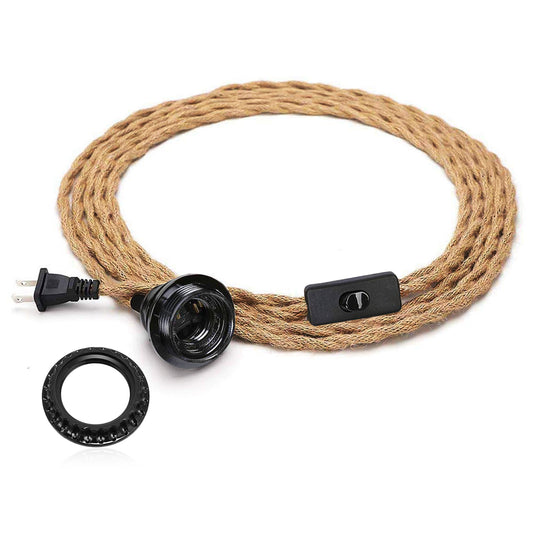 YANSUN 1-Light Vintage Plug-In Hanging Pendant with Hemp Rope and Black Socket