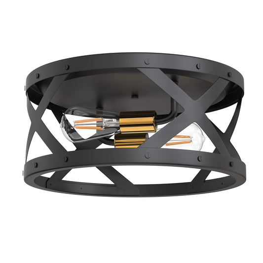 YANSUN 11.8 in. 2-Light Industrial Black and Gold Flush Mount Metal Modern Ceiling Light Fixture with E26 Bulb Not Included